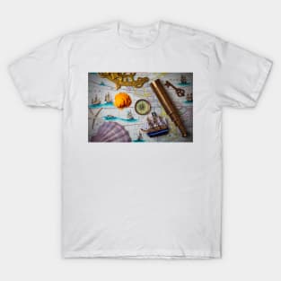 Pirate Ship On Old Map T-Shirt